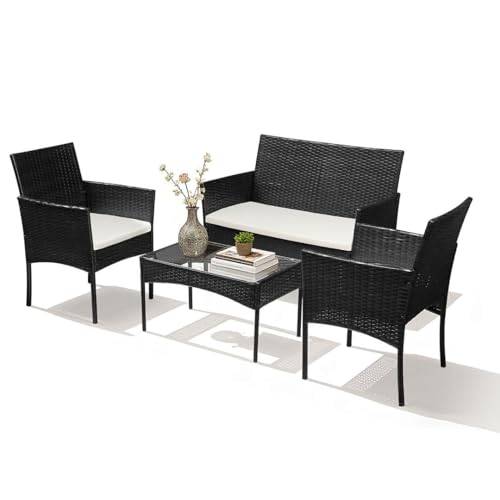 Joparri Polyrattan sittgrupp, balkongmöbler, set med 7 trädgårdsmöbler inklusive soffa, enkelstolar, bord och sittkuddar, trädgårdsmöbler för balkong, trädgård (svart)