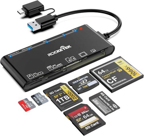Rocketek SD-kortläsare med USB C-adapter, uppgraderad 7-i-1 minneskortläsare, 5 Gbps, läsning för SD SDXC SDHC CF CFI TF XD Micro SD MS MMC UHS-I-kort för Windows Linux Mac OS Android