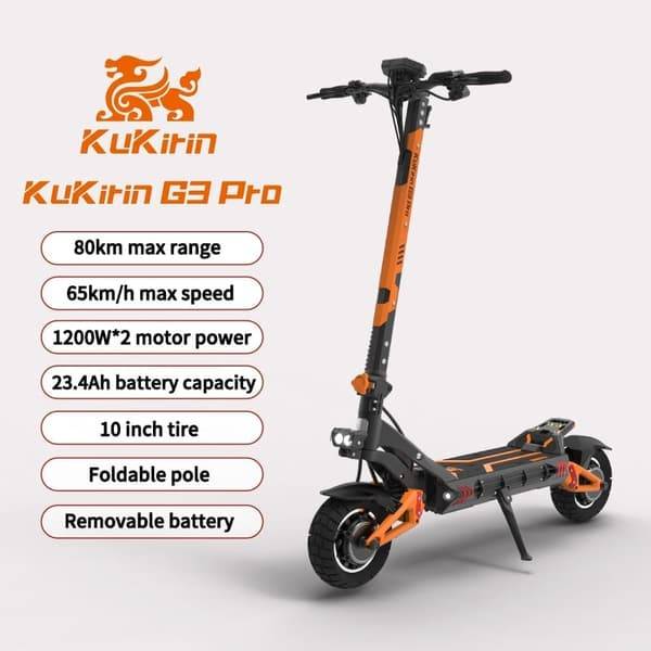 KuKirin G3 Pro vuxen off-road elektrisk skoter, 1200W dubbelmotor 52V 23.2Ah , 80km räckvidd, 65km/h topphastighet, 52V/18Ah 1200W