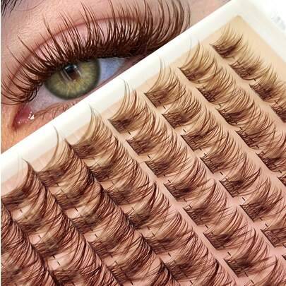 96 st DIY bruna D-curl mjuka falska ögonfransar i faux mink, singelkluster, naturlig lång wispy stil, återanvändbara, långvariga, lämpliga för nybörja