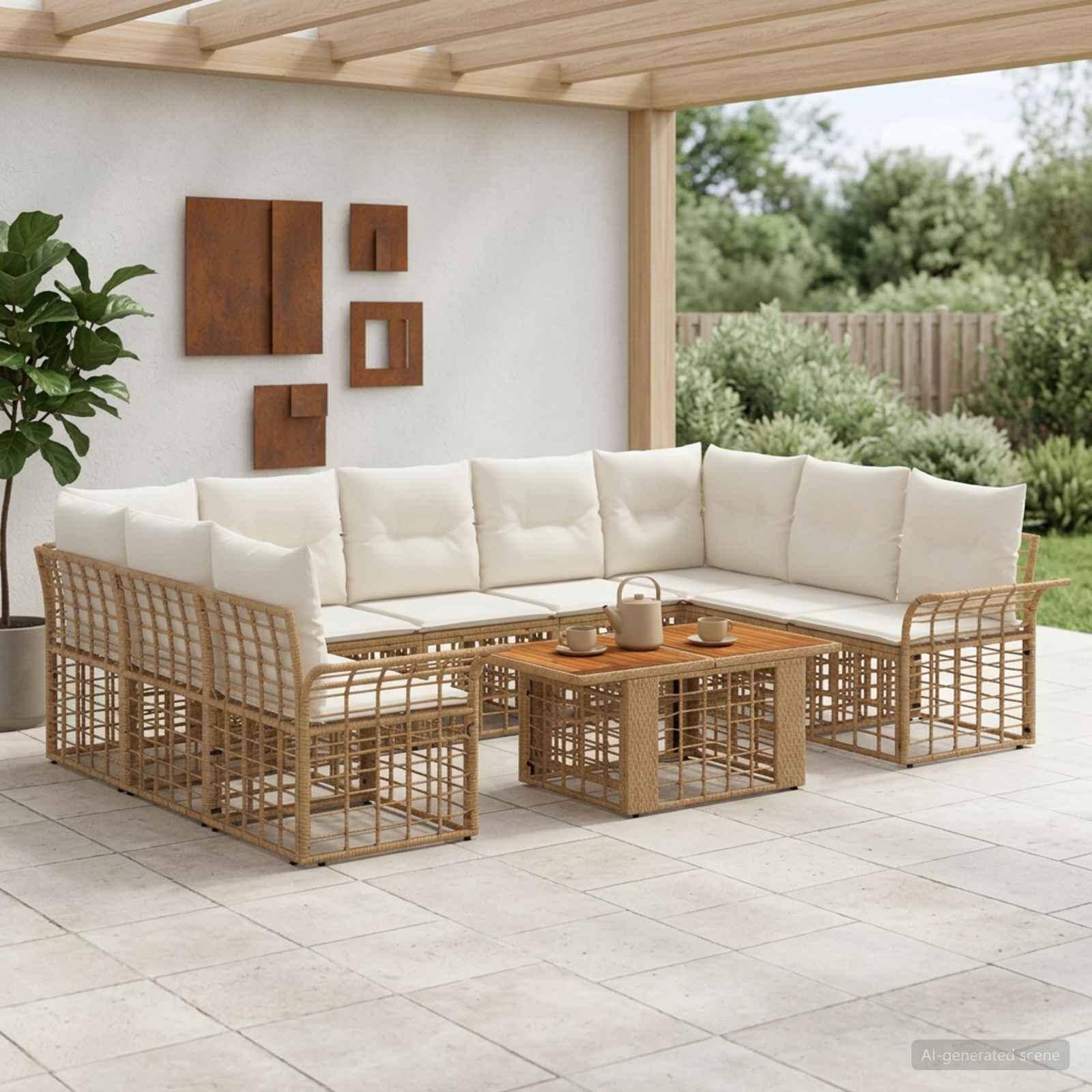 Havesofa sæt 10 dele i polyrattan med bord - naturlig og cremehvid