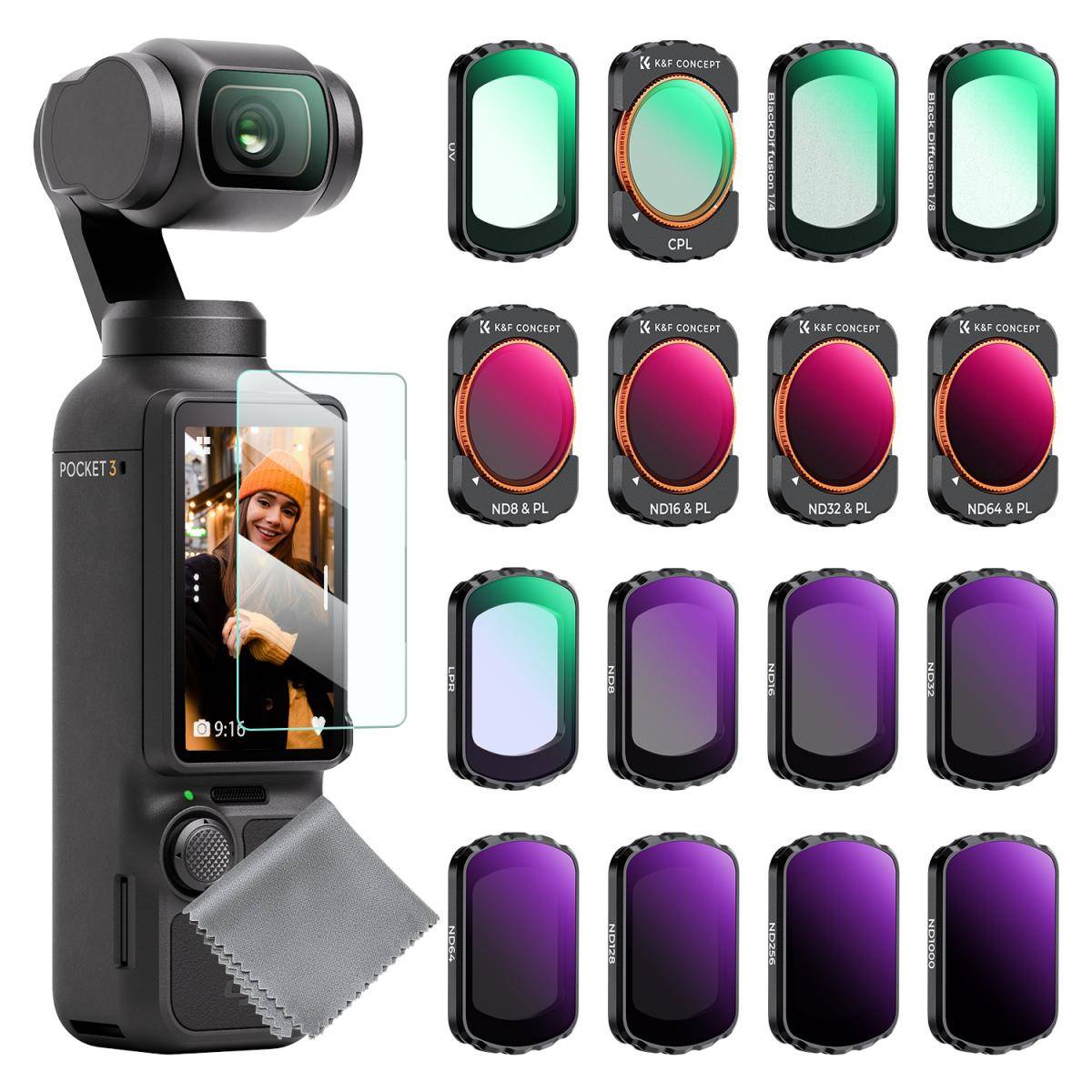 KENTFAITH DJI Osmo Pocket 3 / DJI Osmo Pocket 4 16pcs Set (Black Mist1/4 + Black Mist1/8 + UV + CPL + ND32&PL + ND16&PL + ND8&PL + ND64&PL + ND8 + ND16 + ND32 + ND64 + ND128 + ND256 +  ND1000 + Light Pullution Reduction Filter)