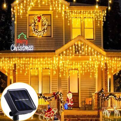 1 set 97/160 LED solcellsdrivna istappsljusslingor, vattentäta utomhus-ljusslingor, gardinljus för trädgård, uteplats, Halloween, jul, Thanksgiving, f - Svart (7M 160 LED-lampor,3,5M 97 lysdioder)