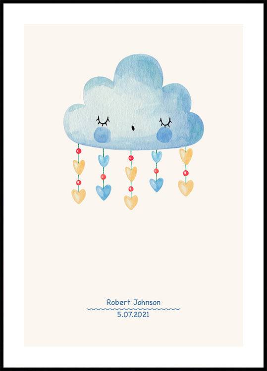 Blue Watercolor Cloud, Personalized Baby Boy Poster (40x50cm) - Plakater > Barnväggskonst, Illustrationsposters, Akvarell, Personliga Posters