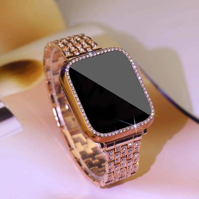 Metallarmband för Apple Watch Band 41 mm 45 mm 40 mm 44 mm Kvinna Diamant Länkarmband i rostfritt stål iWatch 9 8 7 6 SE 5 Tillbehör white
