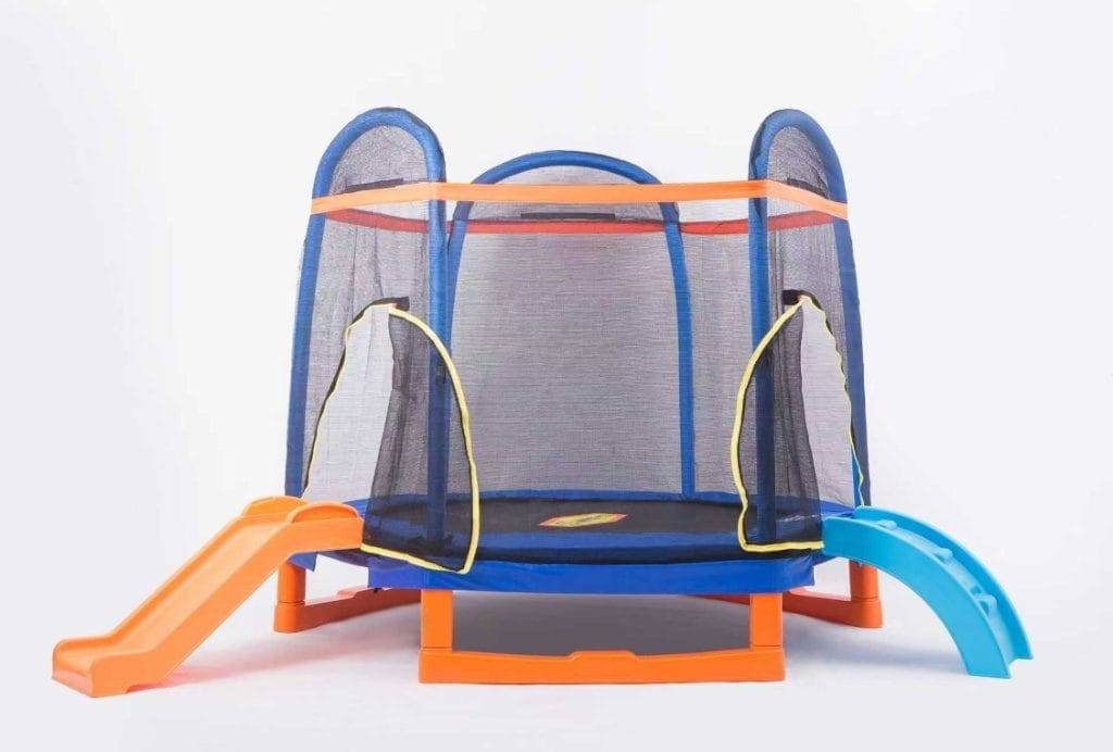 Studsmatta 220 cm – Hexagon, 36 fjädrar, 100 kg maxvikt & PE-säkerhetsnät - Leksaker Blå,Orange Metall