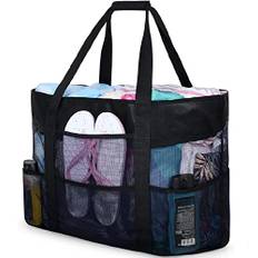 Czemo Stor strandväska i nät med dragkedja, hopfällbar sandsäker toteväska med 7 förvaringsfickor för simning, camping, leksaker, unisex, svart, 28*25cm