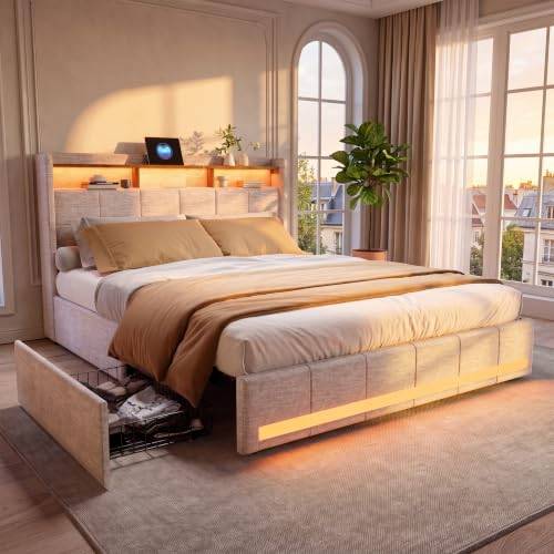 Säng 160 x 200 med LED och 2 USB, typ-C, dubbelsäng med 4 förvaringslådor, säng för 2 personer, vadderad säng med sänggavel och LED-belysning, ribbotten (utan madrasser) (beige, 160 x 200 cm)