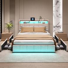 Säng 160 x 200 med LED och 2 USB, typ-C, dubbelsäng med 4 förvaringslådor, säng för 2 personer, vadderad säng med sänggavel och LED-belysning, ribbotten (utan madrasser) (beige, 160 x 200 cm)