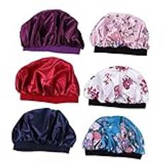 FRCOLOR 6 st satin nattmössa med brett brätte hår duschmössa silke hijab hatt för kvinnor sovande huvudbonad chemomössor av satin damer nattmössa elastisk sömn djup