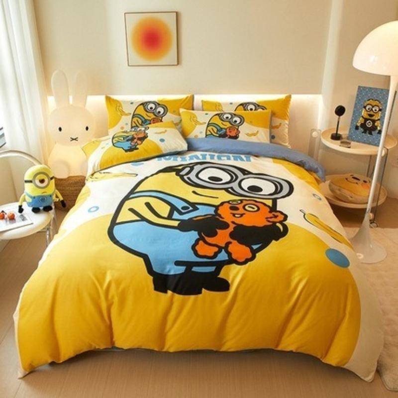 Tecknad Minion Sängklädesset, Pojke & Flicka Påslakan Örngott Gåva, Hemma Sovrum Täcke Set Stor King 260x240cm 180x210cm