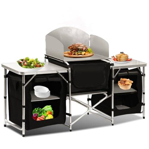 Hebitod Campingkök, campingskåp, hopfällbart skåp, kökslåda med aluminiumbordsskiva, stänkskydd och förvaringsfack, campingskåp, resekök för camping, trädgård, utomhusaktiviteter