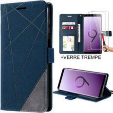 Case for Samsung S9 with 2 Tempered Glasses - Protection Leather Effect Navy Blue