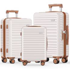 SHOWKOO Resväskeset 3 Expanderbar Hårt Skal Resväska 100% PC Resa Bagage Lätt Hållbar Hög Kapacitet Bagageset med 4 Dubbla Spinnarhjul TSA-lås, Beige Vit