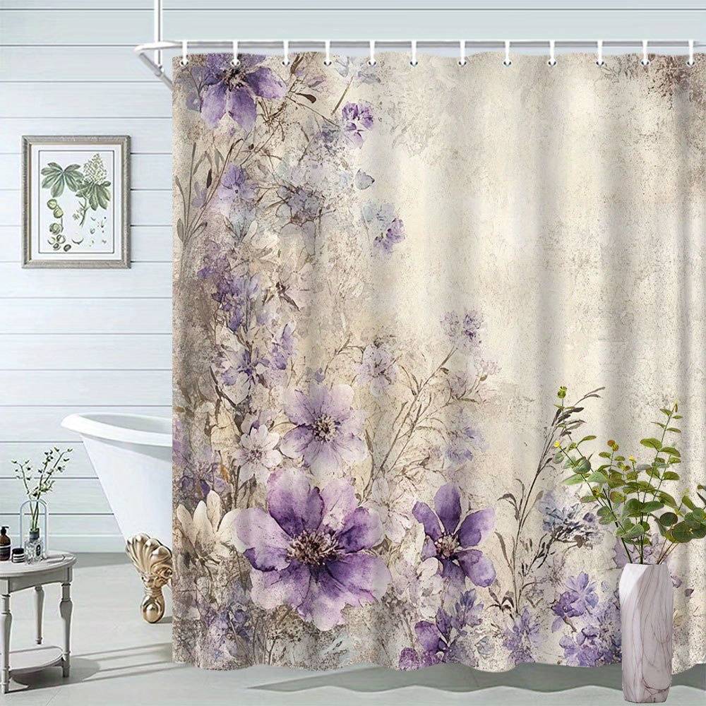 1pc Lilac Watercolor Shower Curtain - Purple Lavender Blooms & Green Stems Design, Textured Beige Background, Traditional Flowin