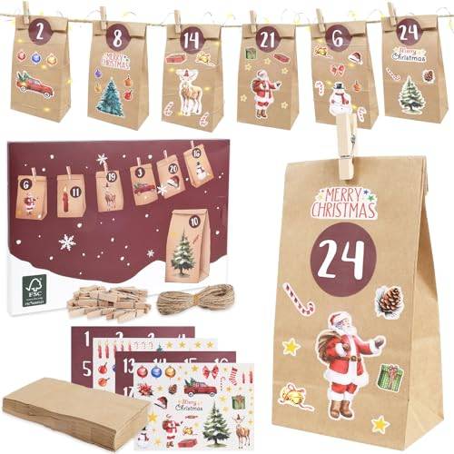RUBY Adventskalender zum Befüllen, 24 DIY Adventskalender zum Befüllen mit Aufkleber Weihnachten, Jute-Schnur und Holzklammern, zum Weihnachten Geschenke Machen