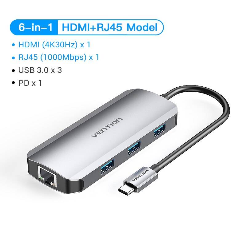 Vention usb c hub typ c till usb 3.0 dockningsstation usb c hdmi rj45 4k för macbook pro air tillbehör typ c 3.1 splitter usb hub - 6- i -1 hdmi och rj45