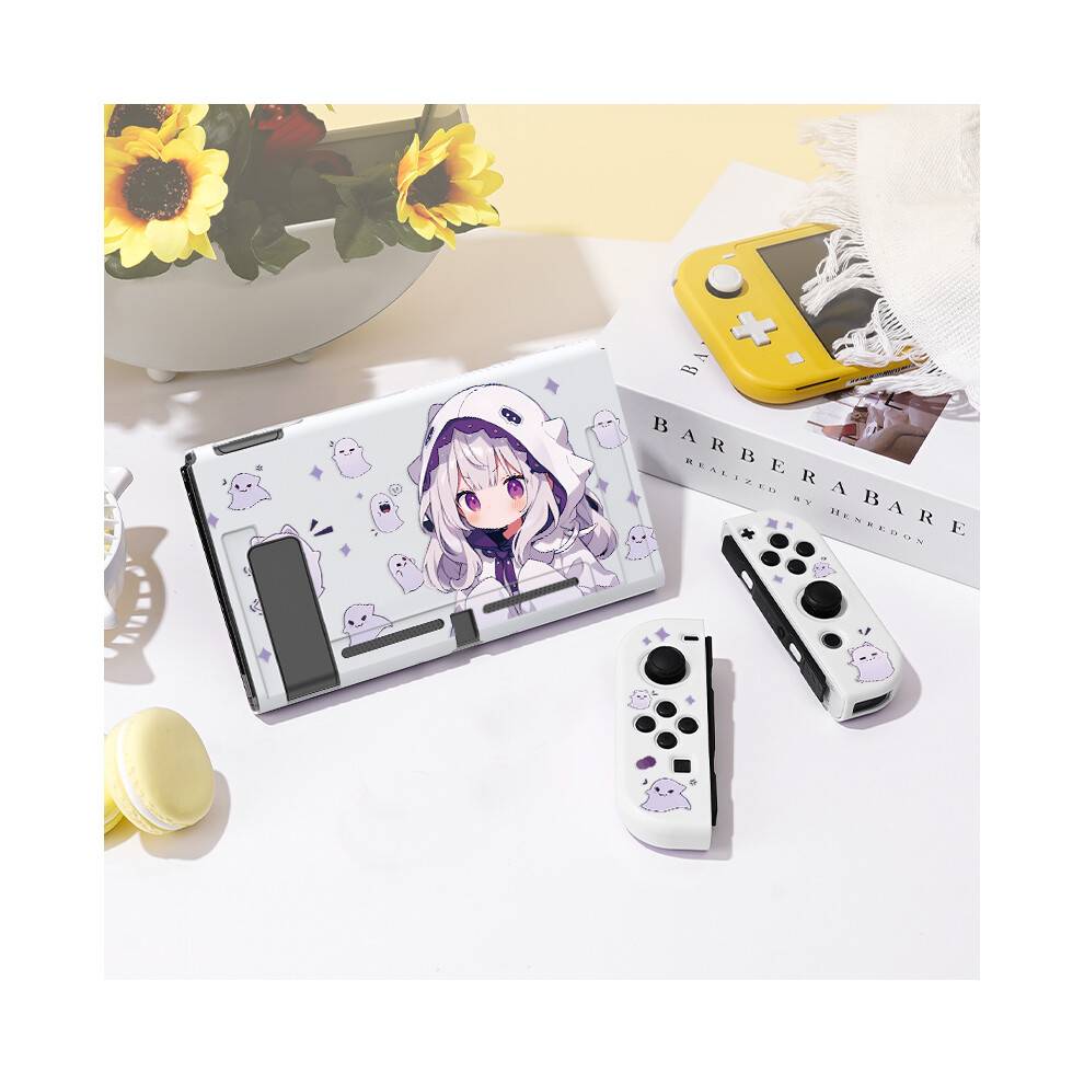 (WHITE-Nintendo SwitchOLED)1 st Ghost Anime Girl Skyddsfodral Bunt med 4st Grip Caps för Nintendo