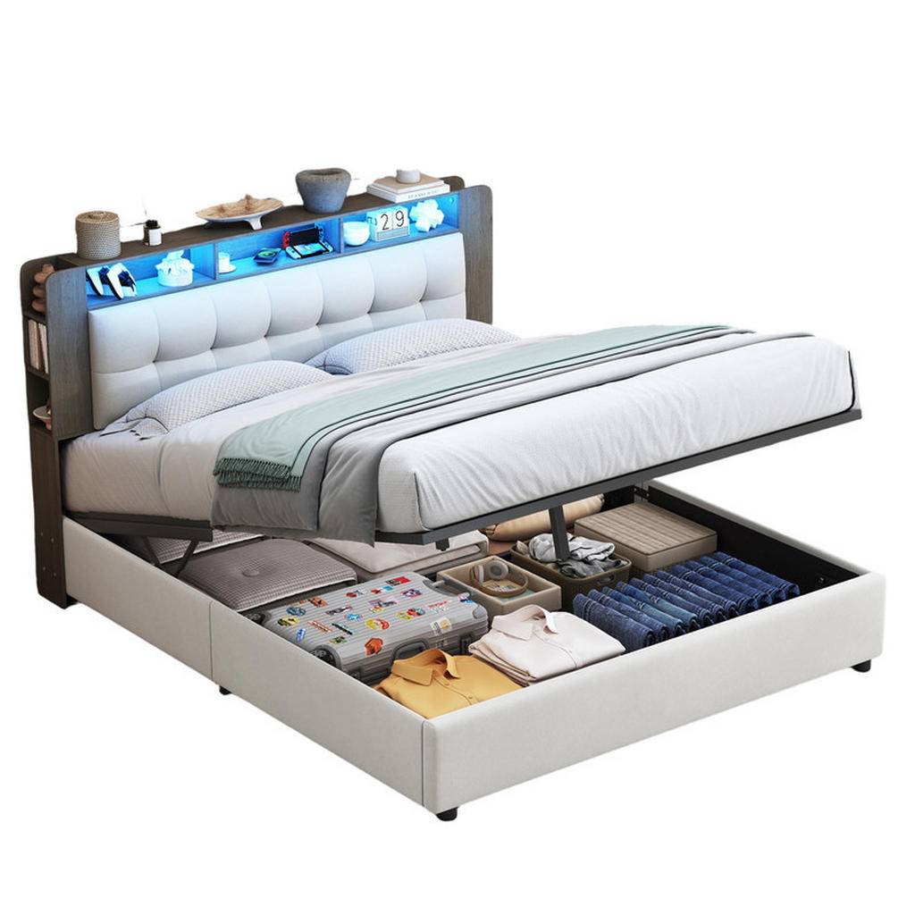 KLÄDD säng 140x200cm krämfärgad trådlös laddning LED hydrauliskt förvaringsutrymme - Beige