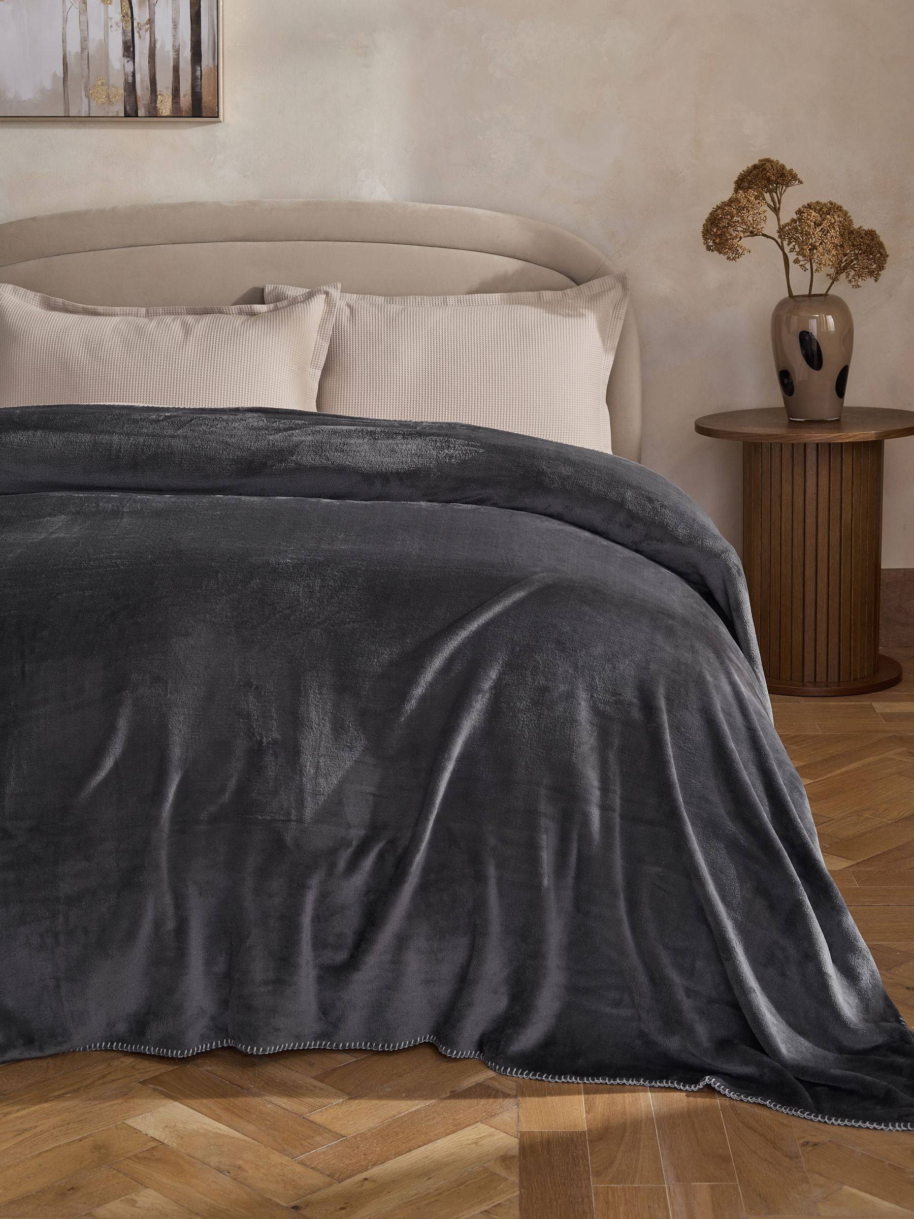 Next Charcoal Grey Plush Fleece Blanket Stitch Throw