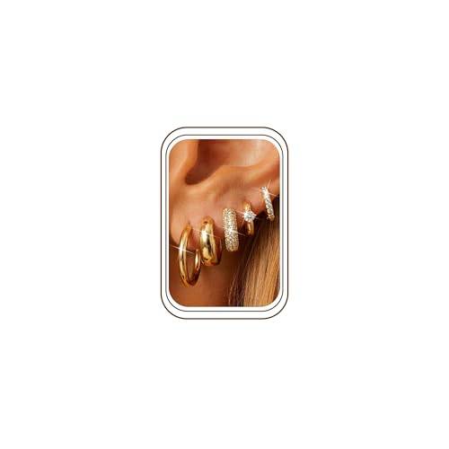 Finrezio 5 Par Örhängen Cirkel Silver/Guld Dam Örhängen 14K Guld Allergikervänliga Dam Cirkelformade Små Örhängen Helix Piercing Örhänge För Multi Piercing Damsmycken, 8 mm, 10 mm, 14 mm