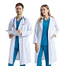 KUMARS Vit labbrock, dam herr labbrockar, bomull polyester forskarrock läkarrock medicinsk rock, unisex vit labcoat skyddande arbetskläder laboratorium rock kostym fin klänning med fickor, Vitt, S