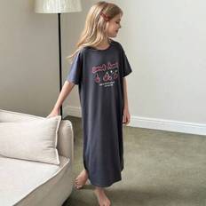 Stickad nattlinne med kort ärm och tryck för flickor, sommar - Mörkgrå (8Y,9Y,10Y,11Y,12Y)