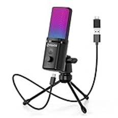 FDUCE Gaming USB-mikrofon, RGB-kondensatormikrofon med stativ, volymjustering och tyst knappfunktion, kompatibel med PC, bärbar dator, för spel, podcasting, streaming, YouTube