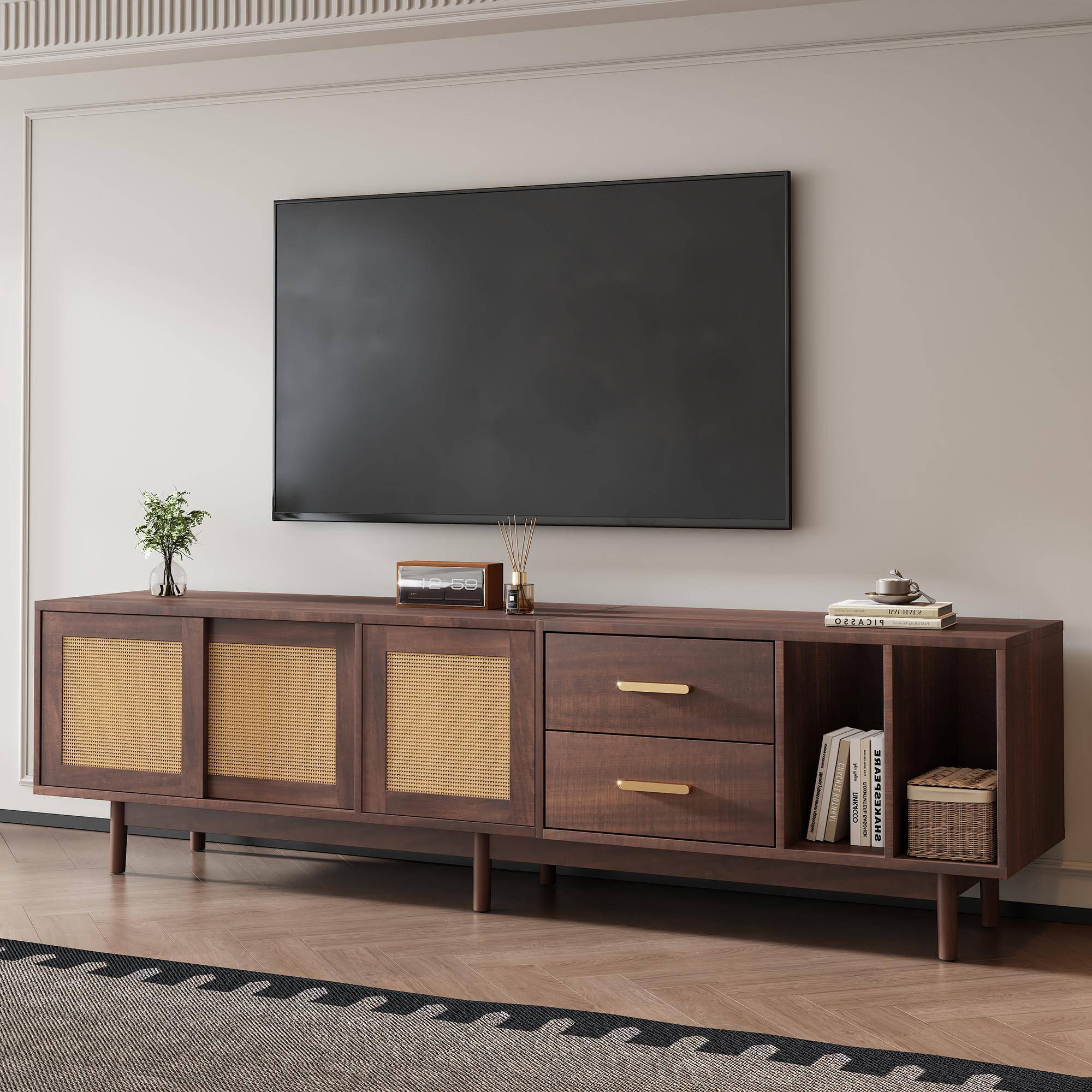 Stylish TV Stand Cabinet with Rattan Sliding Doors & 2 Drawers, Sturdy Media Console with Ample Storage, 190L x 40W x 52H cm, Wood Aosom UK
