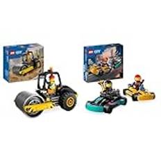 LEGO City Straßenwalze, Baustellenfahrzeug & City Go-Karts mit Rennfahrern, Set mit 2 Rennfahrer-Minifiguren und Rennautos