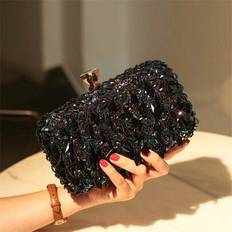 Retro Beaded Evening Clutch Handbag, Detachable Shoulder Strap, Solid Color Polyester Tote Bag With Clasp Closure, Box Shape Wallet For Banquet Party, - Black