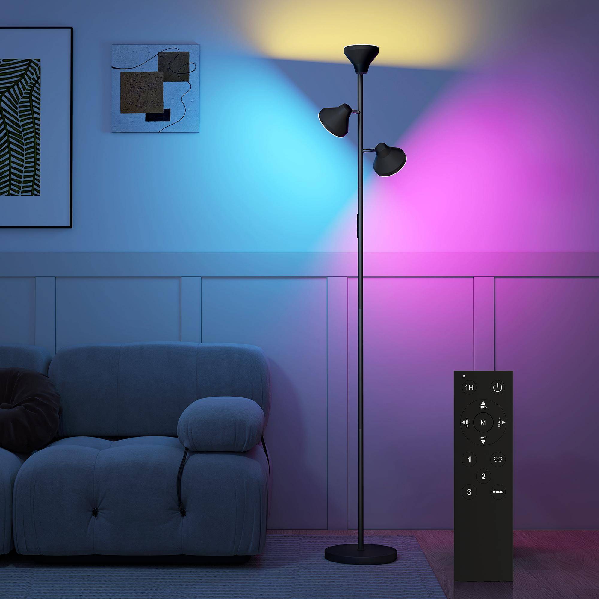 Dimbar golvlampa med läslampa, RGB färgskiftande golvlampa med fjärrkontroll Pekkontroll 3 vridbara huvuden Svart svart