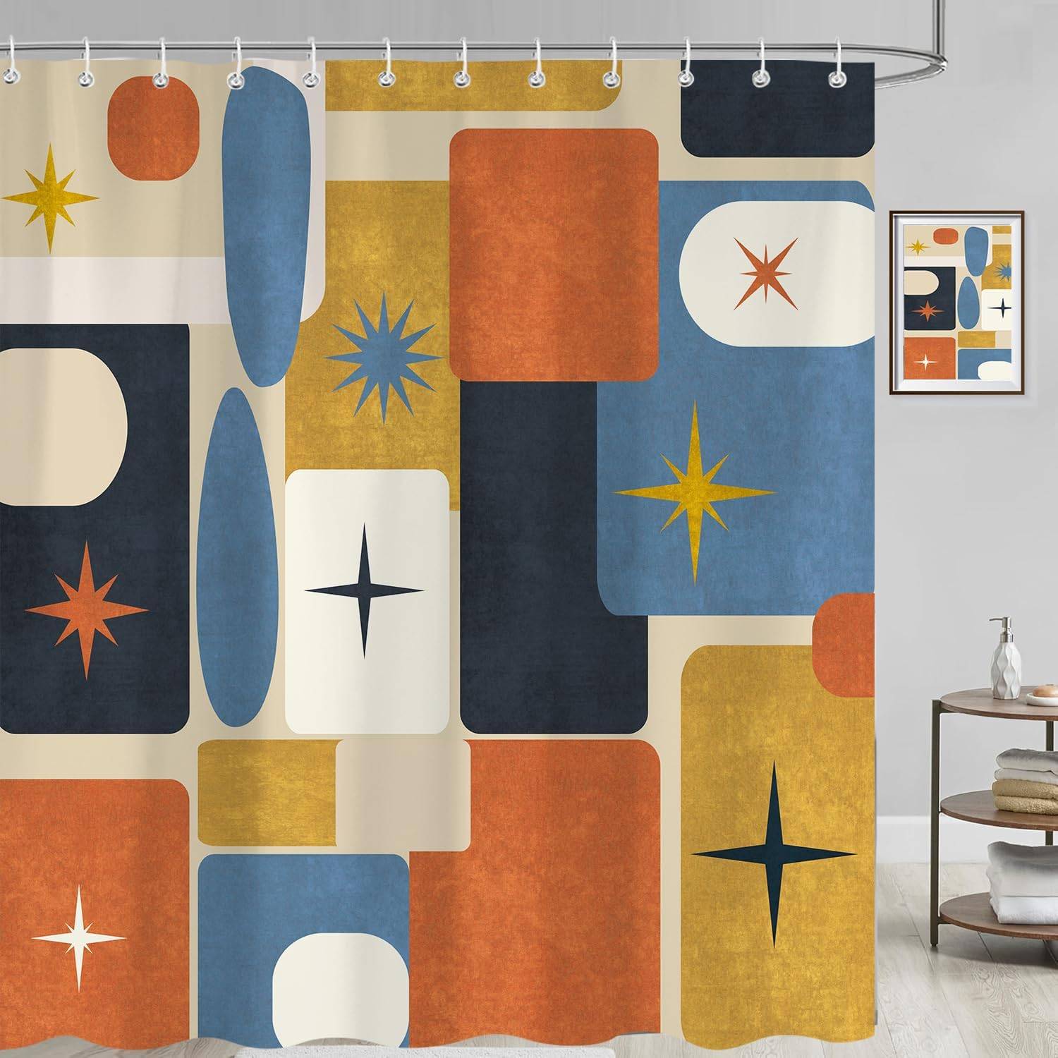 Duschdraperi i Mid-Century Modern-stil, Abstrakt Geometrisk Estetisk Konstdekor, Retro Minimalistisk Vattentät Tvättbar