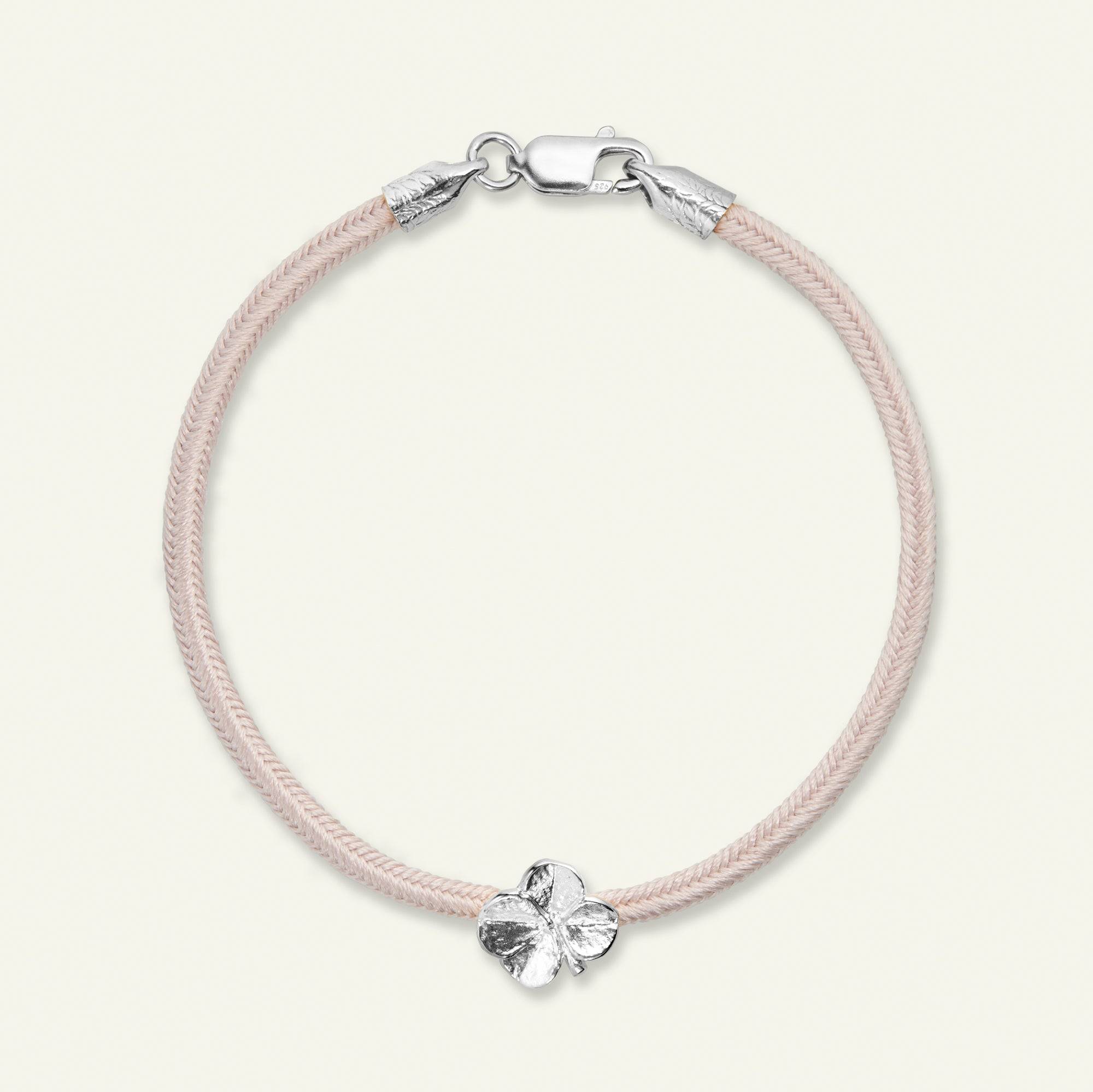 Firkløver silkearmbånd rosa, sølv - 18.0 cm