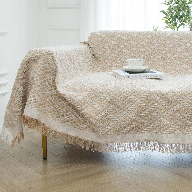 Sofföverkast i bomullslinne enfärgat halkfritt soffhandduk för vardagsrumsmöbler dekor gobeläng sofföverdrag beige