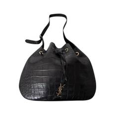 Saint Laurent Vintage, Pre-owned, Dame, Sort, ONE SIZE, Læder, Brugt CrocEmbossed Bucket Bag Snørelukning