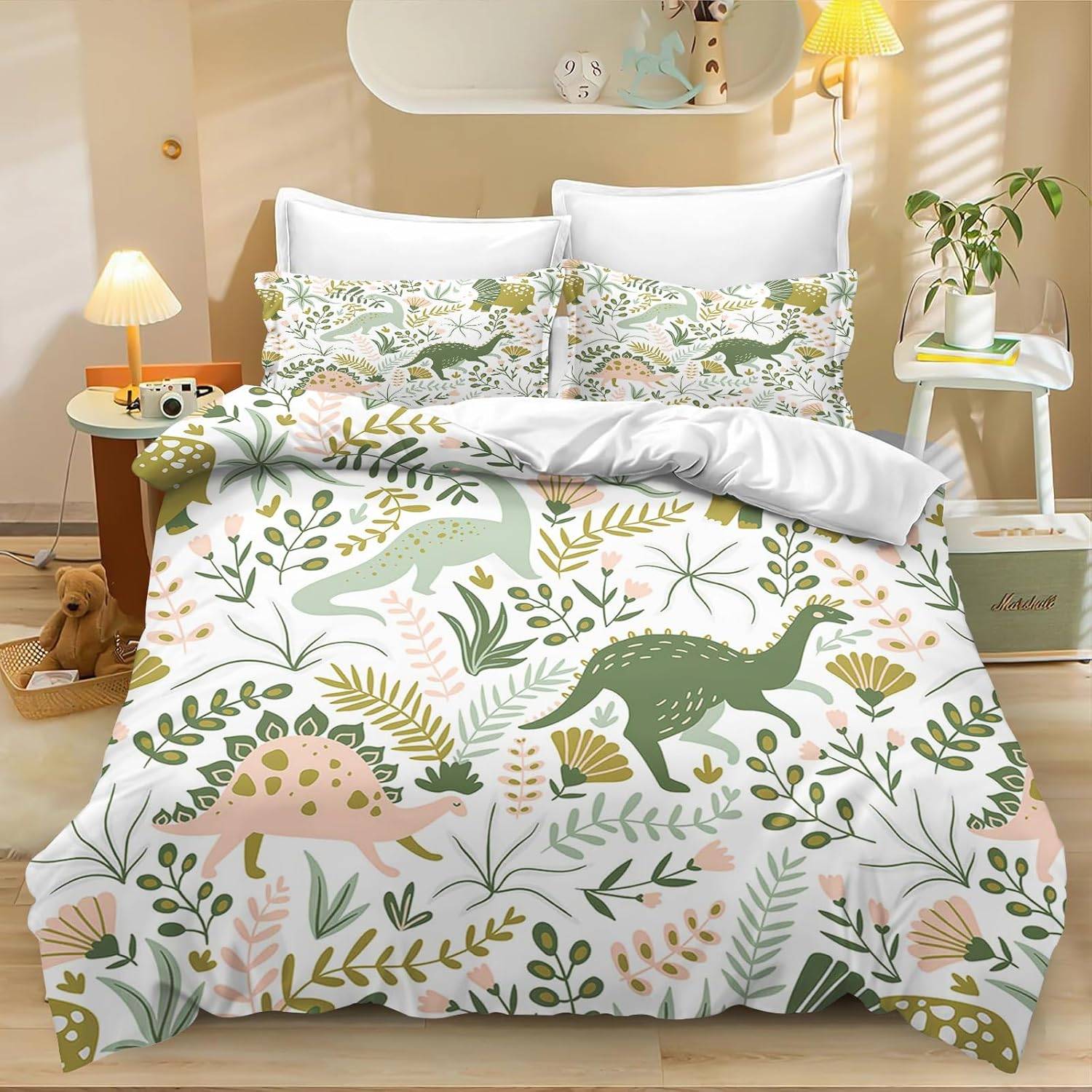 Dinosaurie Barn Sängkläder Set Söta Djur Tecknad Dino Påslakan Set med Örngott Påslakan Set Enkel Queen King Size Säng 200cm white