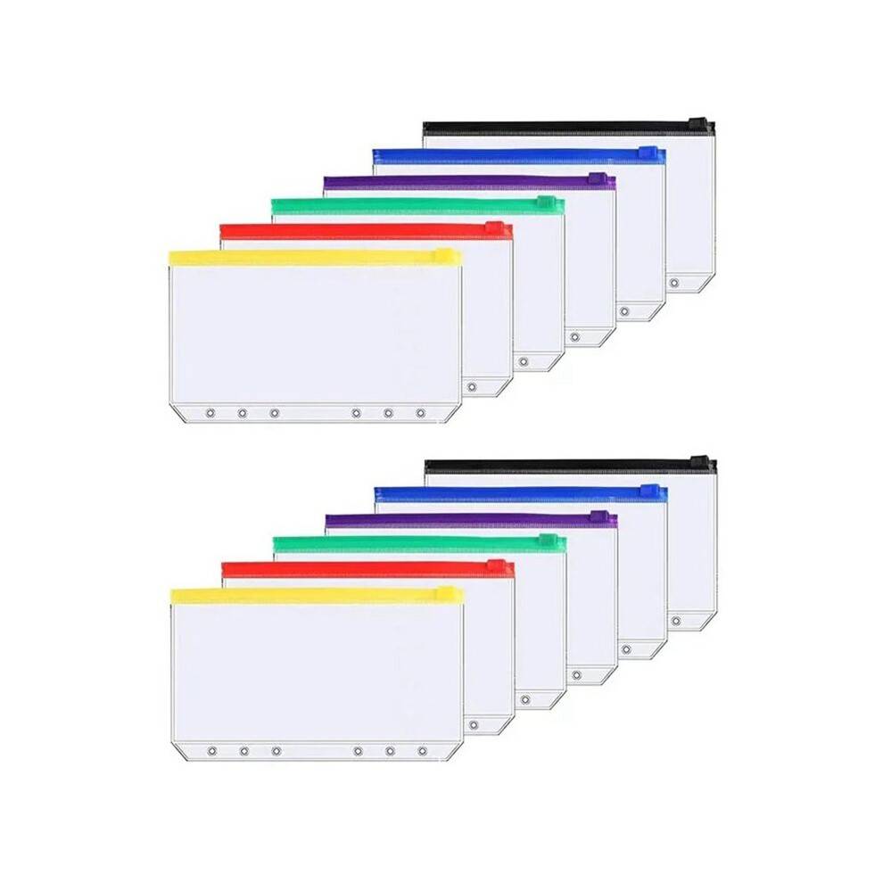 12Pcs A6 6-Hole Binder Pocket Waterproof PVC Budget Envelopes Zipper Binder Pouches for Notebook Planner Journey Binders