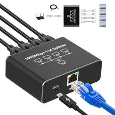 Oliveria LAN Splitter 1 auf 4 1000Mbps Ethernet Splitter LAN Switch 4 Port Mit Type-C-Netzkabel Gigabit Switch für Computer, Hub, Switch, Router, Set-Top Box, Digital TV, et