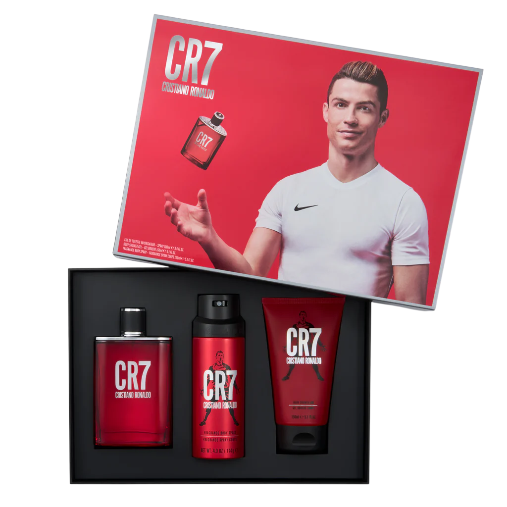 Set Cristiano Ronaldo: CR7, Eau De Toilette, per uomo, 100 ml + CR7, Gel doccia, per tutti i tipi di pelle, 150 ml + CR7, Spray profumato, per uomo, 1