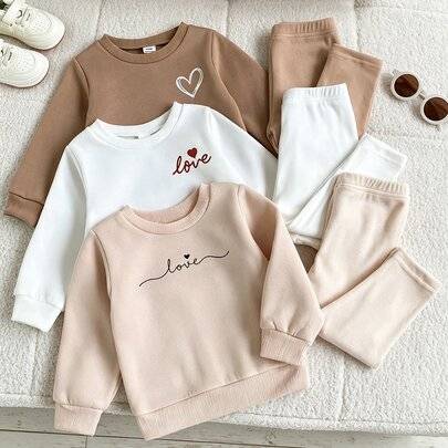 Matchande familjeset för små flickor, sweatshirt och byxor, söta bruna och vita prickar, röd beige hjärtgrafiktryck, lång ärm, rund hals, jul, höst, k - Multifärgad (6-9M,9-12M,12-18M,18-24M,2-3Y)