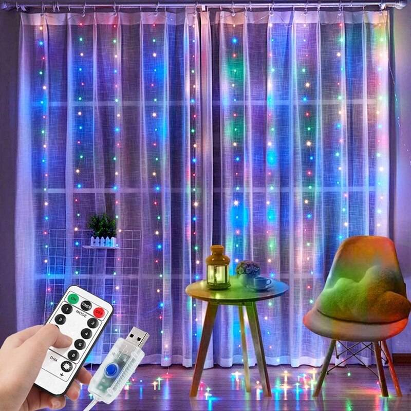 3m led fairy lights girland gardin lampa fjärrkontroll usb string lampor för året julfest trädgård hem bröllop inredning - Flerfärgad / Med 10 krokar / 3 mx 2m-200 lysdioder