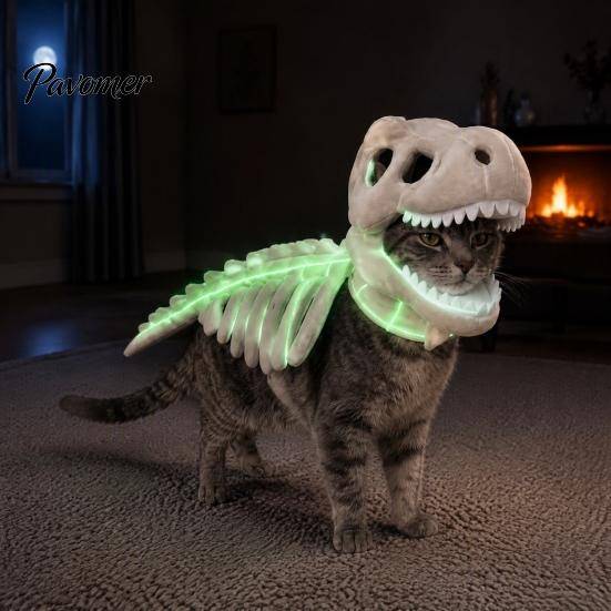 Ljusande Skeletthunddräkt Husdjursdinosauriedräkt, Mjuk Plysch T-Rex Halloween Bus eller Godis-dräkt, Rolig Cosplay-kläder för Katter Små Hundar Kosty