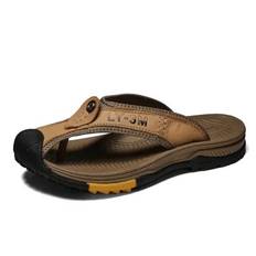 Men's Open Toe Flip Flops Genuine Leather Lightweight Non-slip Surf Beach Sandals Slippers