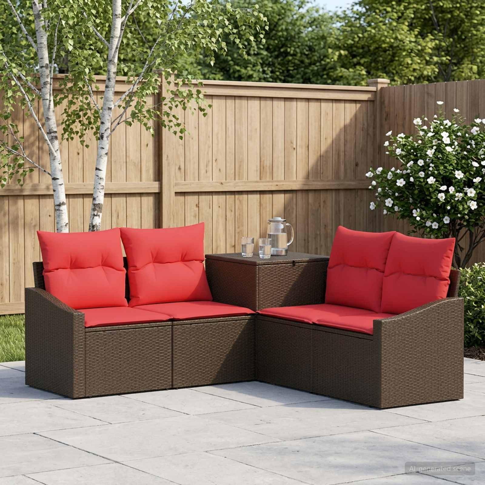 Sofa sæt 5 stk. til have brun og rød i polyrattan og stål