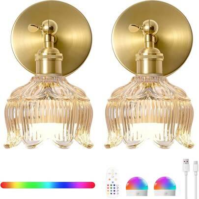 Batteridriven vägglampa i vintagestil, uppladdningsbar, dimbar och trådlös lampa med fjärrkontroll, justerbar glödlampa med 15 färger, vägglampa i blo (Guld[1 st],Guld [2 st])