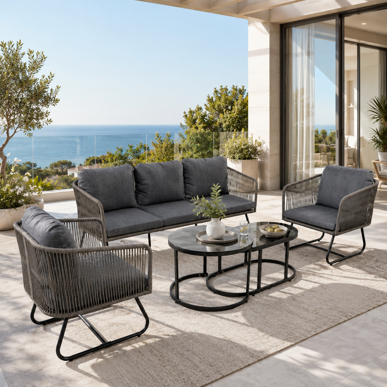 Space-Saving Outdoor Garden Lounge Set with Glass Coffee Table, Adjustable Foot Pads, Garden Settee Set for Patio, Porch, Backyard, Grey Aosom.UK