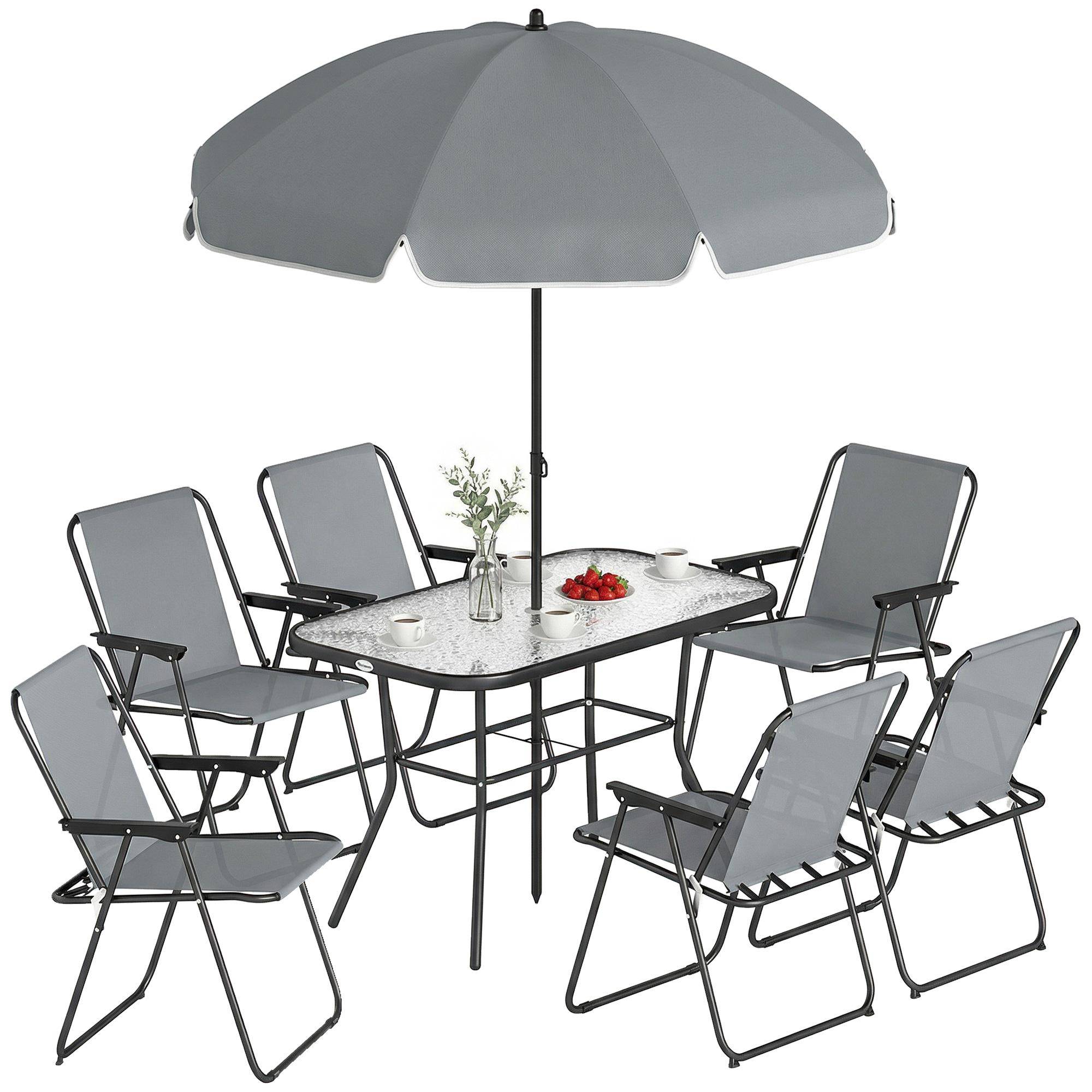 8-delat trädgårdsmatset med parasoll, Trädgårdsmöbelset med 6 hopfällbara stolar, Bord med härdat glas för uteplats, Grå grå