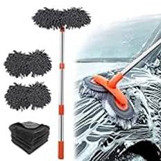 Biltvättborste med dubbelt borsthuvud, 360° vridning teleskopisk tvättborste set med 4 cm mikrofiber biltvättborstöverdrag × 4, mikrofiberhanddukar, tvättlapp, för bil, skåpbil, husvagn, lastbilar