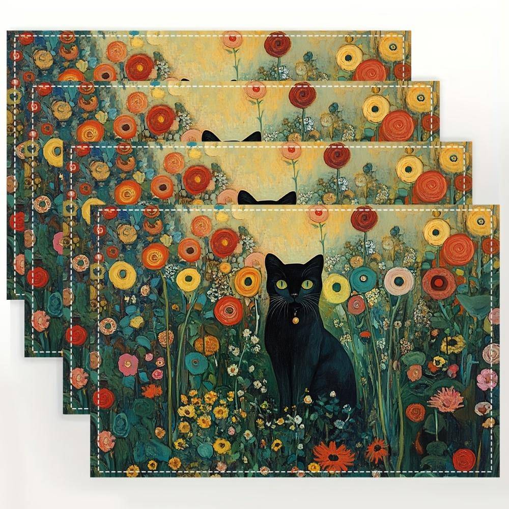 4 st Svarta katter i blomsterträdgård Dekorativa bordsunderlägg, Linnetabletter, Maskintvättbara, Idealiska för matbord & soffbord, Hem & köksinrednin